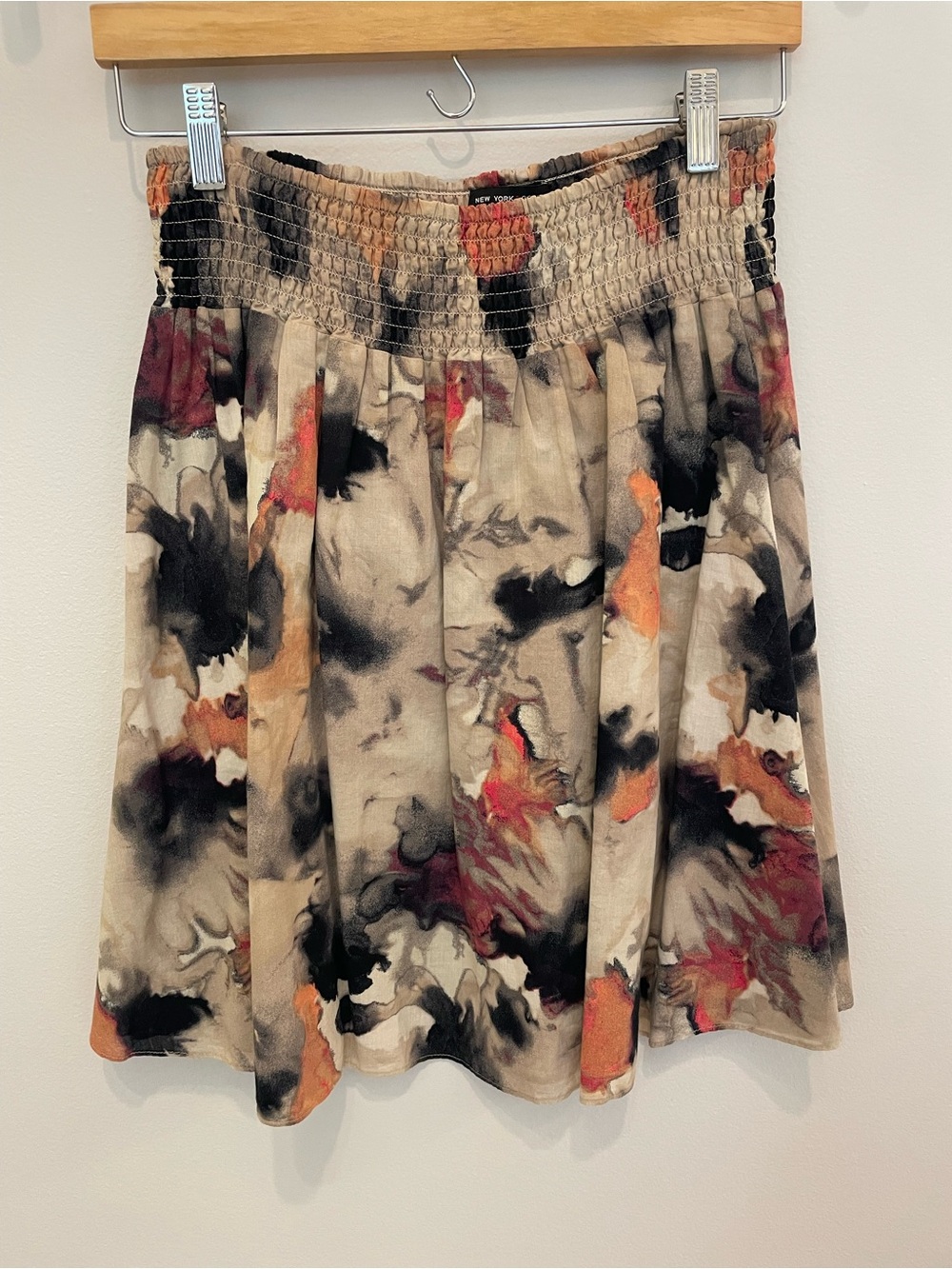 New York & Company Beige Multi Smocked Waist A-line skirt